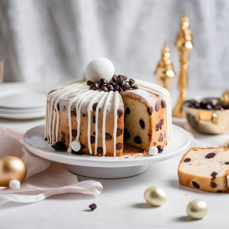 Christmas cake with raisins and chocolate chips, selective focus.の素材