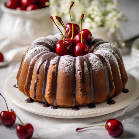Chocolate bundt cake with cherries on a light background. Selective focus.の素材