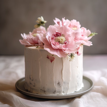 Cake with cream cheese and pink peony flowers on a gray backgroundの素材