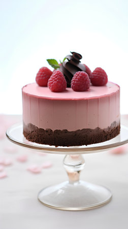 Chocolate cake with fresh raspberries, selective focus, verticalの素材