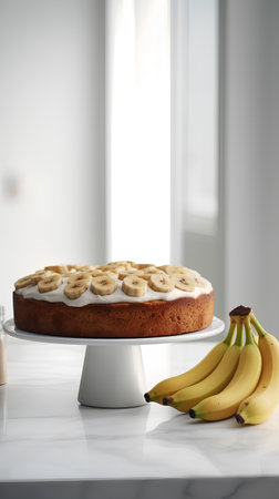 Banana cake with fresh bananas on a white table. 3d renderingの素材