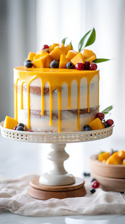 Homemade mango cake with fresh berries on a white background, selective focus.の素材