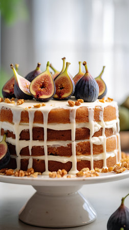 Homemade cake with fresh figs and nuts on a white backgroundの素材