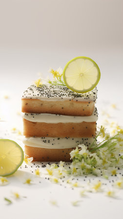 Cake with poppy seeds and lime on a white background, close-upの素材