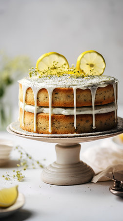 Cake with lemon and icing sugar on a light background. Selective focus.の素材