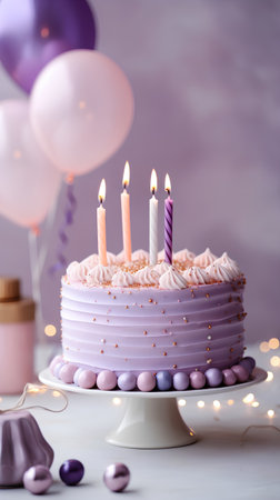 Birthday cake with candles and balloons on a purple background. Toned.の素材
