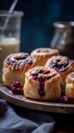 Freshly baked buns with berry jam, selective focus.の素材