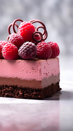 Piece of chocolate cake with raspberries, selective focus.の素材