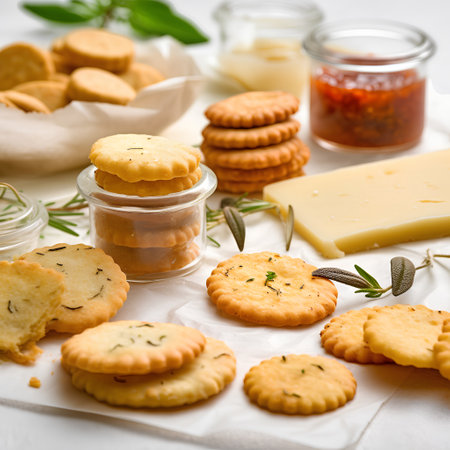 Cookies with cheese and herbs on a white background. Selective focus.の素材