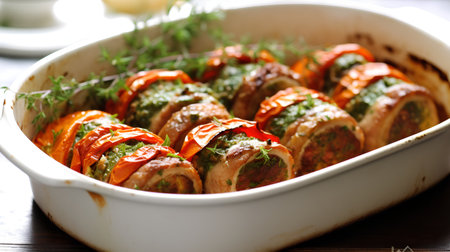 Stuffed cabbage rolls with meat and vegetables in baking dish, selective focusの素材