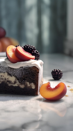 Chocolate cake with blackberries and peaches, selective focus.の素材