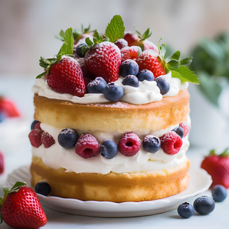 Cake with cream and berries on a white background. Selective focus.の素材