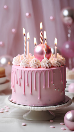 Birthday cake with pink frosting and candles on a light backgroundの素材