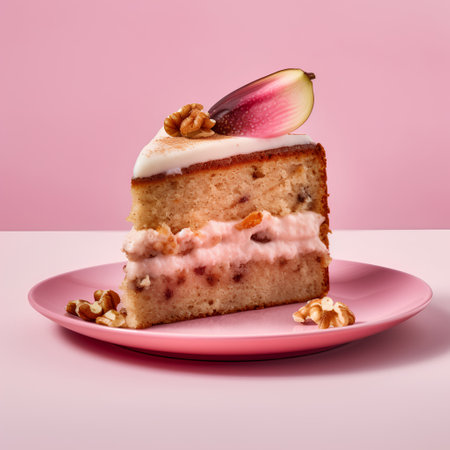Piece of cake with cream and nuts on pink plate on pink backgroundの素材