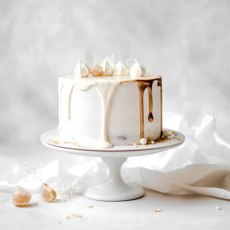 Cake with whipped cream and caramel on a white background, squareの素材