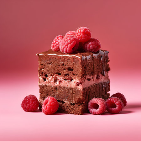 Chocolate cake with raspberries on a pink background, selective focus.の素材