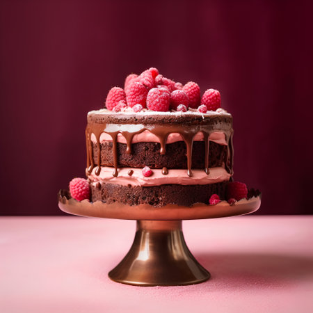 Chocolate cake with raspberries and chocolate icing on pink backgroundの素材