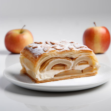 Apple strudel on a white plate with apples on the backgroundの素材