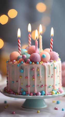 Birthday cake with candles and eggs on blurred background, closeupの素材
