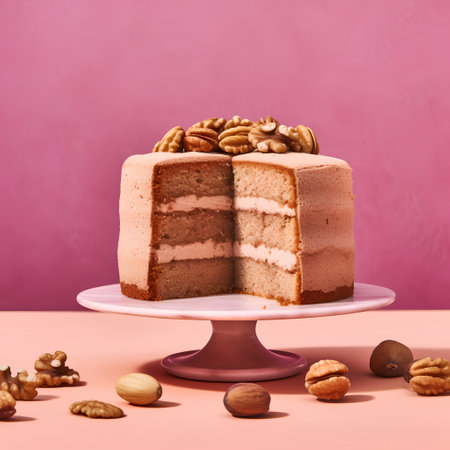 Piece of cake with cream and nuts on a pink background.の素材