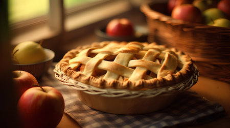 Apple pie in basket on wooden table in front of window with applesの素材