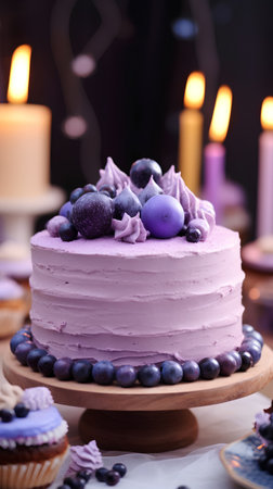 Delicious birthday cake with blueberries on wooden stand on dark backgroundの素材