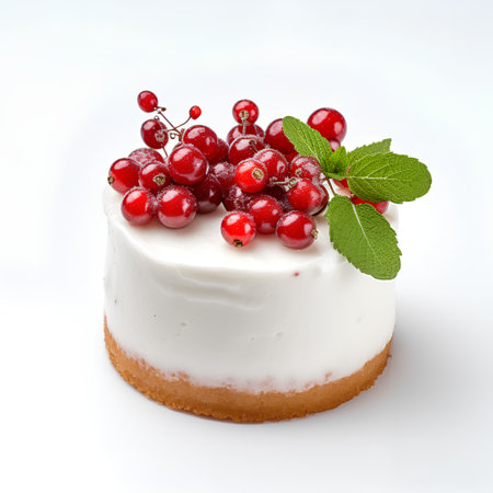 Cake with red currant and mint on a white background.の素材