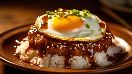 Baked pork with rice and fried egg on a plate. Japanese foodの素材