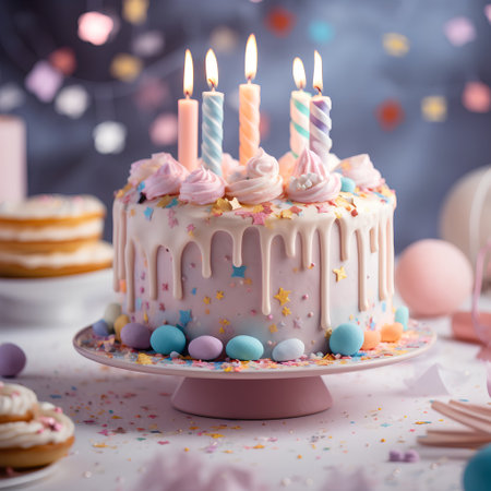 Birthday cake with candles and confetti on the background of the festive lightsの素材