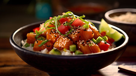 Hawaiian salmon poke bowl with rice, sesame and vegetablesの素材