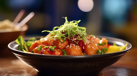 Salmon poke bowl with sesame seeds on a wooden table.の素材