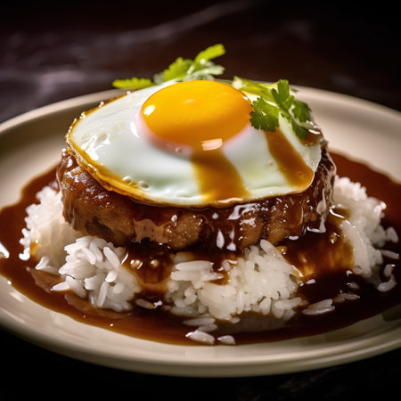Japanese food, rice with fried egg and soy sauce on a plateの素材