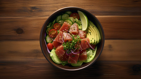 Hawaiian salmon poke bowl with avocado, cucumber, tomato and onion.の素材