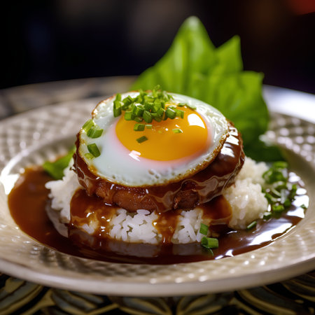 Japanese cuisine, rice with fried egg on a plate in a restaurantの素材