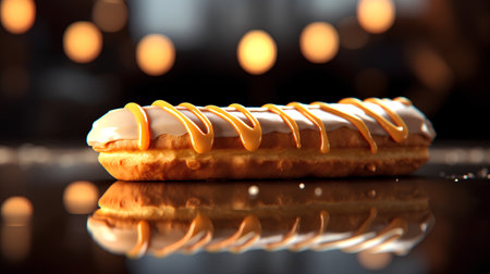 Eclair with caramel glaze on a black background with a reflectionの素材
