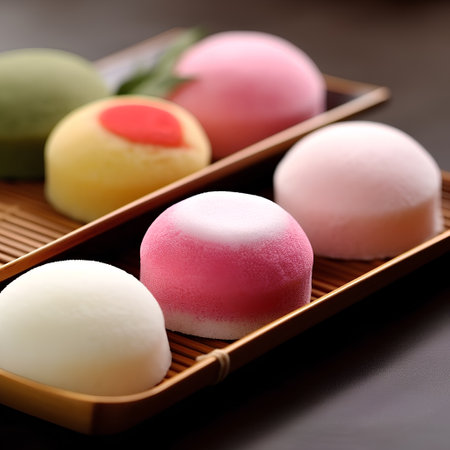 Japanese confectionery, colored mochi on a wooden plateの素材