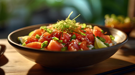 Salmon poke bowl with rice, sesame seeds and fresh vegetablesの素材
