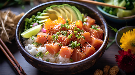 Hawaiian salmon poke bowl with rice, avocado and sesame seedsの素材