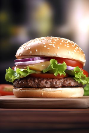 Delicious hamburger on wooden board on blurred background, closeupの素材