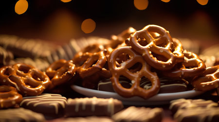 Pretzels on a plate on a background of blurred lightsの素材