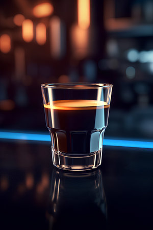 Glass of whiskey on a bar counter. 3d rendering toned imageの素材