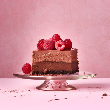 Chocolate mousse cake with raspberries on pink background.の素材