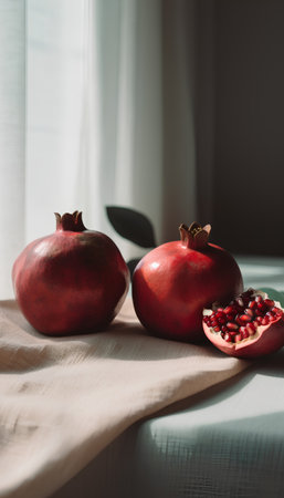 Ripe pomegranate fruit on the windowsill, still lifeの素材