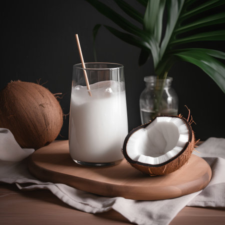 Coconut milk in a glass on a wooden table, black backgroundの素材