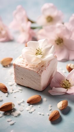 Piece of nougat with almonds and flowers on color backgroundの素材