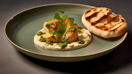 Grilled salmon with pesto sauce and toasts on a green plateの素材