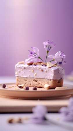 Delicious cake with cream and flowers on a purple background. Selective focus.の素材