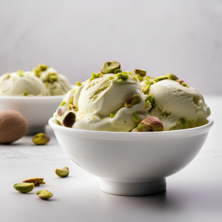 Homemade pistachio ice cream with fresh pistachios in white bowl over white marble background.の素材