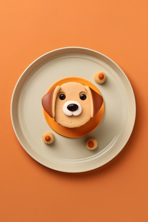 Top view of a cute dog cookie on a plate over orange backgroundの素材