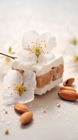 Cake with almonds and flowers on a light background. Selective focus.の素材